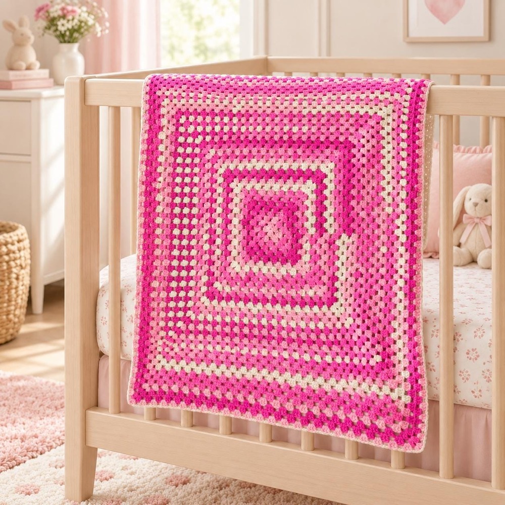 Pink Crochet Baby Blanket Handmade Granny Square Afghan Pink White Nursery Throw